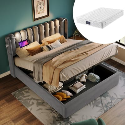 DESMIU Gestoffeerd Bed 140x200cm Met Matras - Bed Met Leeslamp En Oplaadfunctie - Opbergruimte Onder Bed - Voor Slaapkamer - Zacht Fluweel - Grijs