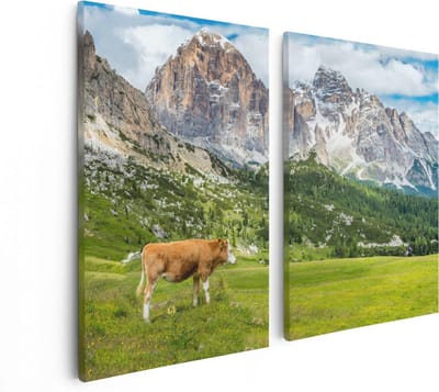 Artaza Canvas Schilderij Tweeluik Bruine Koe In De Wei In De Bergen - 80x60 - Foto Op Canvas - Canvas Print