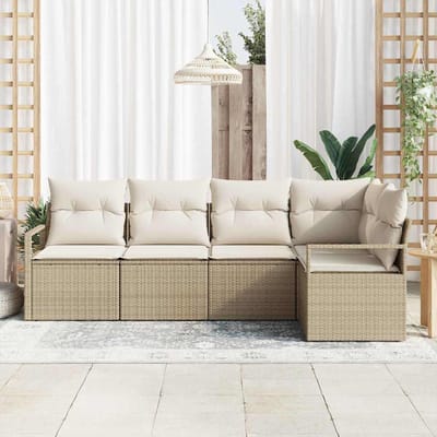 vidaXL - Tuinbank - Set - 5 - st - Beige - en - Wit - poly - rattan