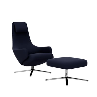 Vitra - Repos Fauteuil & Ottoman - gepolijst aluminium - Cosy2 donkerblauw - Zithoogte 40 cm
