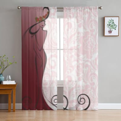 Silhouette Slanke Vrouw In Een Lange Jurk En Hoed Bloemen Chiffon Transparante Gordijnen Woonkamer Slaapkamer Raam Voiles Tule Gordijn 135W x 114H(cm) brown