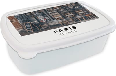 Broodtrommel Wit - Lunchbox - Brooddoos - Parijs - Frankrijk - Café - 18x12x6 cm - Volwassenen