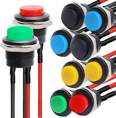 Mini Drukknoppen - Momentary Schakelaars - Doe-het-zelf Projecten - Voorbedraad 120mm - 16mm Gat Diameter - Diverse Kleuren