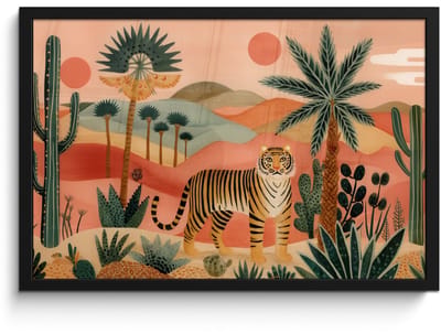Poster in lijst - Fotolijst 60x40 cm - Posters - Tijger - Palmen - Cactus - Oranje - Posterlijst zwart - Decoratie - Wanddecoratie woonkamer - Muurdecoratie slaapkamer