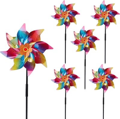 Vogelafweer-windmolens, 6 stuks, reflecterende windmolens, vogelverschrikker, vogelafweer, geschikt voor balkon, tuin, fruittuin, binnenplaats en dak (regenboogkleuren, diameter: 24 cm)