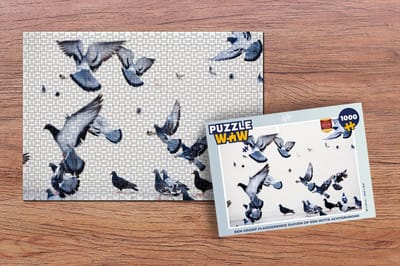 Puzzel Een groep fladderende duiven op een witte achtergrond - Legpuzzel - Puzzel 1000 stukjes volwassenen