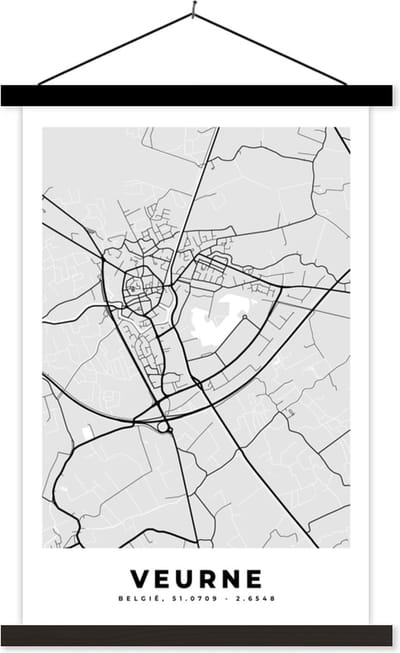 Posterhanger incl. Poster 40x60 cm - Schoolplaat - Zwart Wit – België – Plattegrond – Stadskaart – Kaart – Veurne - Textielposter - Zwarte latten - Stadskaart