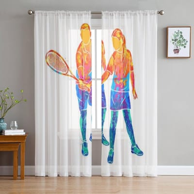 Jonge Vrouw Speelt Squash Transparante Gordijnen voor Woonkamer Transparant Tule Raamgordijn Slaapkamer Keuken Huisdecoratie Sluier Draperieën 135W x 114H(cm) white