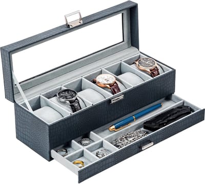 Luxe horlogedoos met glazen deksel en lade – 6 horlogevakken, tweelaagse horlogekist voor heren en dames – Blauw – Sieraden- en horlogeopberger