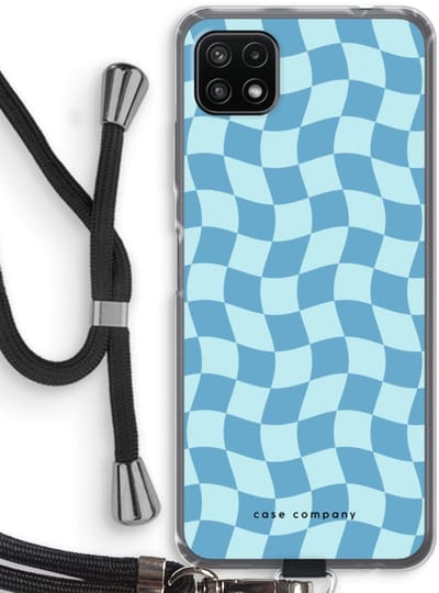 Case Company® - Hoesje met koord geschikt voor Samsung Galaxy A22 5G hoesje met Koord - Grid Blauw - Telefoonhoesje met Zwart Koord - Bescherming aan alle Kanten en Over de Schermrand