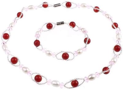 Zoetwater parel ketting set Recio - parelketting + parel armband - echte parels - wit - roze - rood - magneetslot - sieraden zakje - parelketting dames