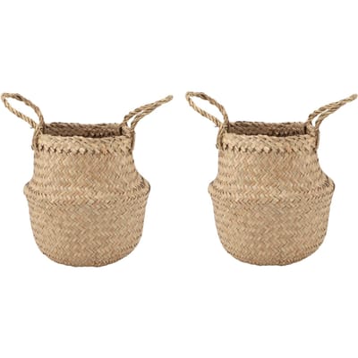 2 stuks Zeegras Plantenmand Handgeweven Natuurlijk Opvouwbare Plantenpot Opbergmand voor Decoratie beige