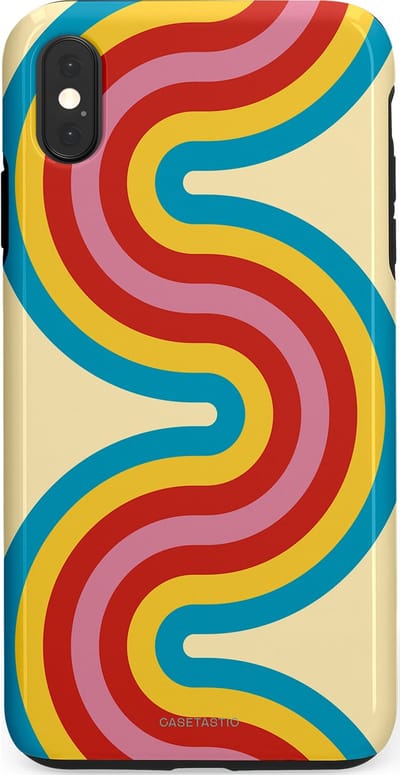 Casetastic hoesje geschikt voor Apple iPhone XS Max - Dubbellaagse bescherming - Retro kronkels - Fashion Case - Crème Lichtblauw Goud Rood