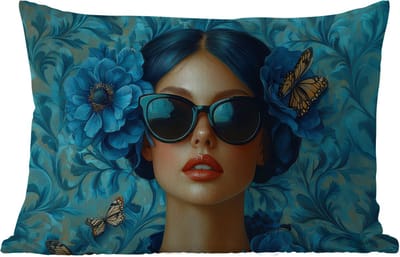 Buitenkussens - Vrouw - Bloemen - Vlinders - Blauw - Abstract - 60x40 cm - Weerbestendig