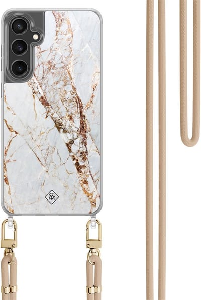 Casimoda® hoesje met koord - Geschikt voor Samsung S24 FE - Marmer Goud - Afneembaar koord - TPU/polycarbonaat - Goudkleurig