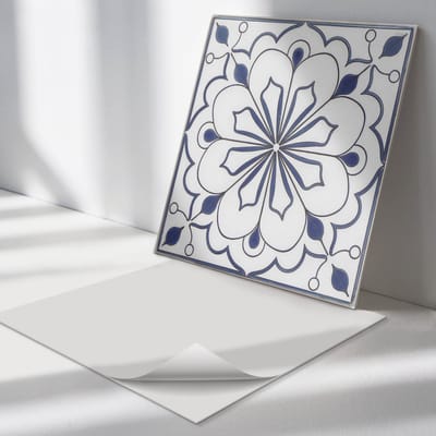 Wallfluent Vinyl Tegels - Bloemenkeramiekpatroon Wand PVC Tegels - 30 cm x 30 cm - Blauw Vinyl Tegels - Set van 9 - Vierkant PVC Tegels - Texturen Plaktegels - Vinyl Tegels Zelfklevend - Plaktegels Keuken en Badkamer