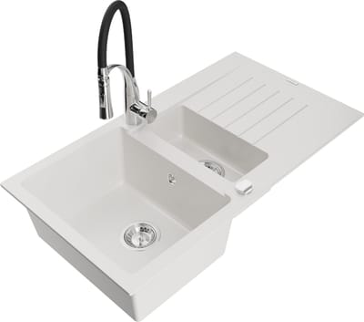 Mexen Matias granieten gootsteen 1,5-kamer met afdruiprek en keukenmengkraan Aster, wit - 6502-20-73450-07