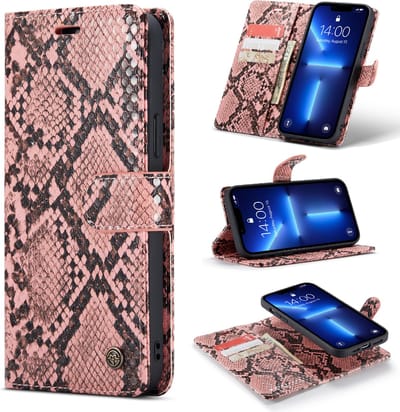Casemania Hoesje Geschikt voor Apple iPhone 13 Pro - Roze - Luxe 2 in 1 Wallet Bookcase met Pasjeshouder en Standaard - Kunstleer Afneembaar Magnetisch Portemonnee Telefoonhoesje met Slangenstructuur