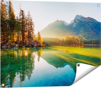 Gards Tuinposter Zonsopgang bij het Meer in de Herfst - 80x60 cm - Tuindoek - Tuindecoratie - Wanddecoratie buiten - Tuinschilderij