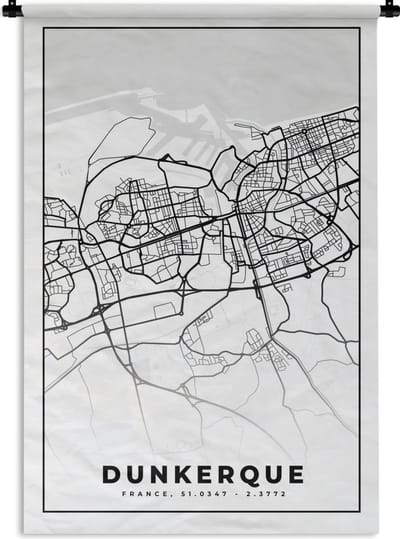 Wandkleed - Wanddoek - Frankrijk - Dunkerque - Kaart - Plattegrond - Stadskaart - Zwart wit - 120x180 cm - Wandtapijt