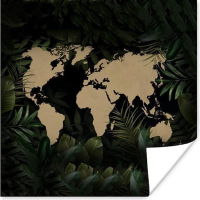 Poster 30x30 cm - Wereldkaart - Bloemen - Tropische planten - Posters - Kamer decoratie - Wanddecoratie woonkamer - Muurdecoratie slaapkamer