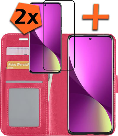 Hoes - Met 2x Screenprotector - Geschikt voor Xiaomi 12 - Luxe Pasjeshouder - Bookcase Portemonee - Flip Case - Kunstleer Book Case - Flipcase Hoes - Book Cover - Walletcase - PortemonneeHoes - Donkerroze