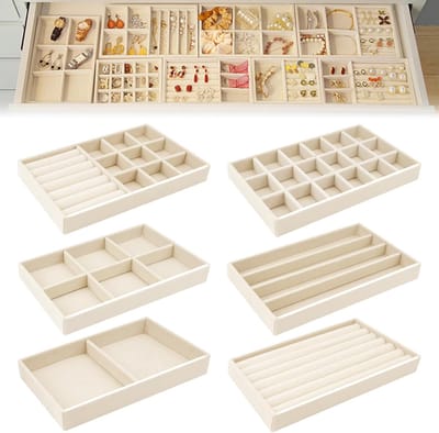 Famanu - Sieradendienblad, fluweel, sieradeninzet voor laden, stapelbare sieradenorganizer, sieradenopslag, lade voor oorbellen, ringen, armbanden, broches, halskettingen (beige)
