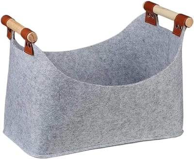 Opbergtas Hout - Vilt Mand - Haardhout Opslag - Met Houten Handvatten - 55 x 32 x 40 cm - Grijs