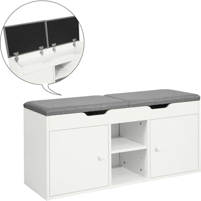 SoBuy FSR96-W Schoenenbank, Entreekast met Gewatteerd Kussen, 2 Zitsbank, 2 Planken en 2 Deuren, Witte Opbergbank, 100x34x48 cm