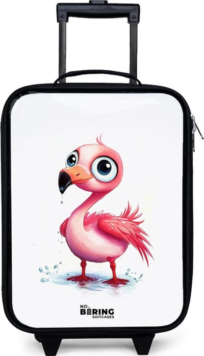 NoBoringSuitcases.com® - Kinderkoffer jongen - Kindertrolley meisje - Roze flamingo in het water - Koffer kind lichtgewicht - Reiskoffer trolley voor kinderen - Koffertje met lichtgevende wieltjes - Rolkoffer zwart