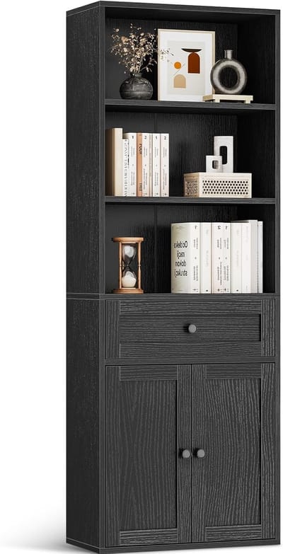 HOMESY 5-laags boekenkast met deuren en kast, Vloerstaande display-opbergplank, Hoge boekenkast met lades voor Huis, Kantoor, Woonkamer, Slaapkamer, Zwart, 48 x 24 x 164