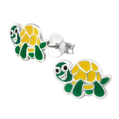 Aramat Jewels | Oorbellen | Zilveren Schildpad Oorbellen - Groen en Geel Emaille | | | |7mm | Zilver | Kinderen | Verkleurd niet