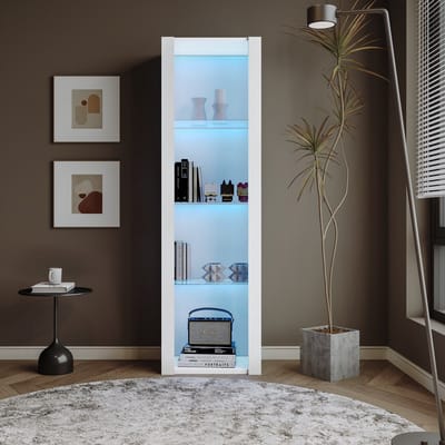 DESMIU Vitrinekast - Hoogglans Design Met Led Verlichting En Drie Glazen Planken - Voor Woonkamer, Slaapkamer En Kantoor - Spaanplaat - Wit - 55x38x166 Cm