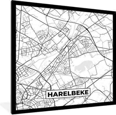 Fotolijst incl. Poster Zwart Wit- Stadskaart – Zwart Wit - Kaart – Harelbeke – België – Plattegrond - 40x40 cm - Posterlijst