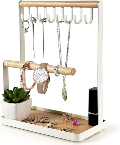 Sieradenhouder – Etagère voor kettingen, oorbakje, houten ringenorganizer met 8 haken – Opbergsysteem voor kettingen, armbanden, ringen en horloges (voor op het bureau)