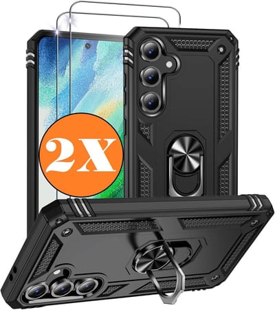 Hoesje Geschikt voor Samsung Galaxy A36 5G Hoesje Zwart Anti-Shock Hybrid Armor hoesje Met Draaibare Ring Houder - Samsung A36 Screenprotector 2 pack