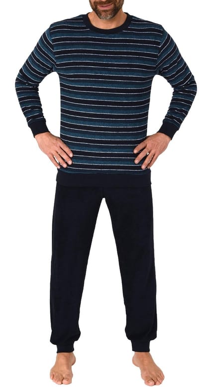 Lange badstof herenpyjama, pyjama met fijn gestreept patroon - ook in oversize