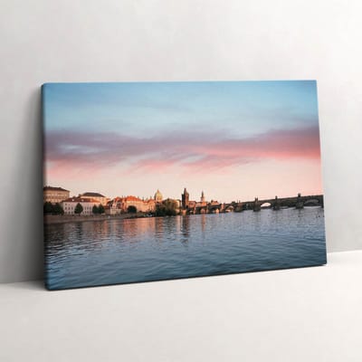 Wallfluent Foto Op Canvas Karelsbrug in Praag - 60 x 40 cm - Blauw Schilderijen Op Canvas Doek - Fotografie Canvas Foto - Natuur Schilderij Op Doek - Fotografie Canvas Schilderij