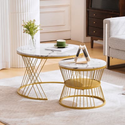 DESMIU Ronde Nesting Salontafel Set Met Hoogglans Marmerlook En Gouden Frame Voor Woonkamer, Slaapkamer En Balkon - MDF - Wit - 70x70x47 Cm