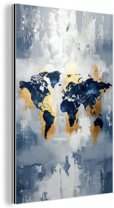 Aluminium schilderij 120x180 cm - Wanddecoratie metaal - Wereldkaart - Blauw - Abstract - Metalen muurdecoratie woonkamer - Decoratie industrieel - Foto op dibond - Industriële accessoires slaapkamer