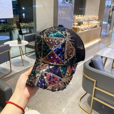 Casquette en Maille à Sequins Colorés, Casquette de Baseball en Maille Respirante d'Été, Chapeau de Soleil pour Femme pour le Voyage et le Shopping Adjustable black