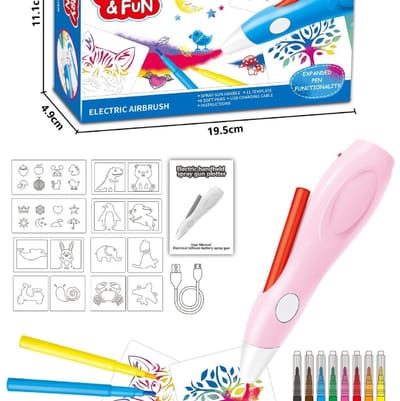 Crrynuo - Elektrische Aquarel Airbrush - Handgeschilderde Kleurenpenseel - Roze - 8 Kleuren - 8 Sjablonen - Afwasbaar - Kindvriendelijk