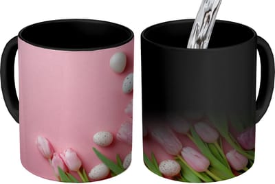 Magische Mok - Foto op Warmte Mokken - Koffiemok - Tulpen - Eieren - Roze - Magic Mok - Beker - 350 ML - Theemok
