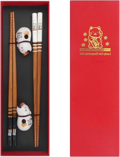 Sushi Eetstokjes Set: 2 Paar Houten Eetstokjes met Porseleinen Coasters, Perfect als Cadeau voor Sushi Liefhebbers