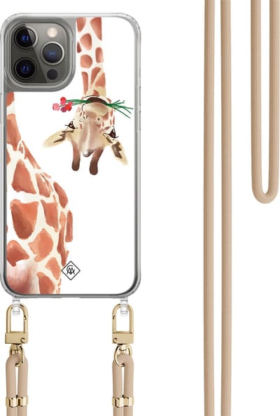 Casimoda® hoesje met beige koord - Geschikt voor iPhone 12 Pro - Giraffe - Afneembaar koord - TPU/polycarbonaat - Zwart