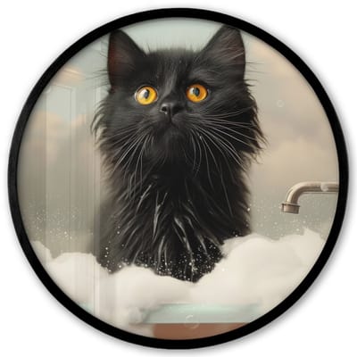 Poster in lijst Rond - Fotolijst 40x40 cm - Posters - Kat - Bad - Zwart - Dieren - Schuim - Ronde posterlijst zwart - Decoratie - Wanddecoratie woonkamer - Muurdecoratie slaapkamer