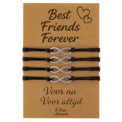 Vriendschapsarmbandjes voor 4 "Best Friends Forever" - Oneindigheidsteken - BFF Armbandjes met Persoonlijk Cadeau Kaartje - Zilverkleurig - Elastisch Verstelbaar - Pax Amare
