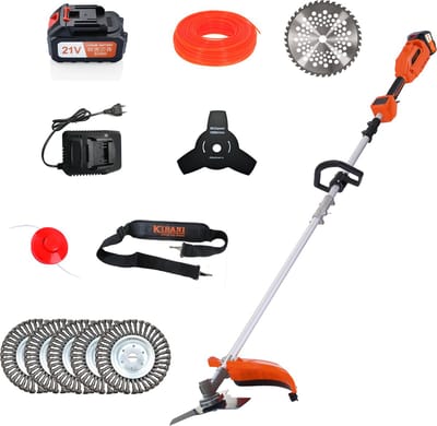 Kibani Accu Bosmaaier - 5x onkruidborstel 15CM - Incl. 21V Accu en Oplader - met Maaidraad, Zaagblad en Draadkop -Elektrische Bosmaaier - Grastrimmer - Kantenmaaier