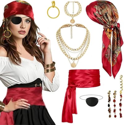 Piratenkostuum voor vrouwen met 9 accessoires, inclusief hoofddeksel, ooglap, ketting en oorbellen voor carnaval en themafeesten