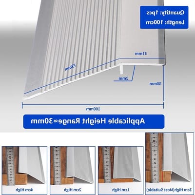 Vloer overgangsstrip van aluminium voor drempels, geschikt voor tegels en laminaat, hoogteverschil van 10-35mm (zilver, 1m × 10cm)